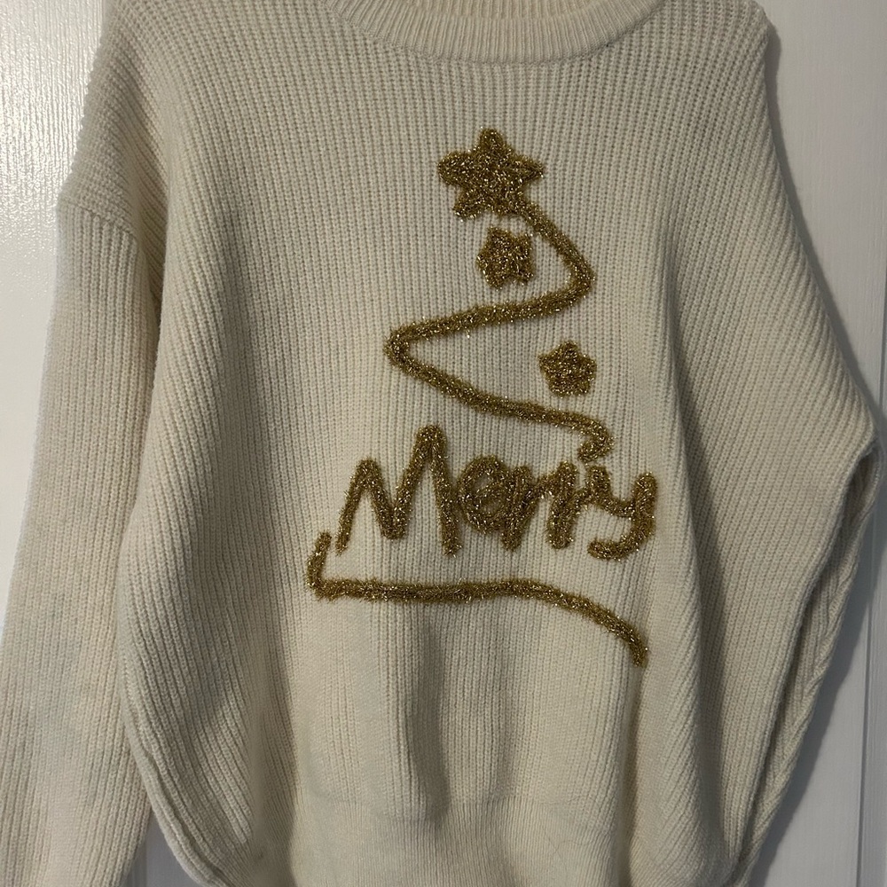 2 for $20 NWOT Main Strip Cream Holiday Sweater with Gold Sparkle Design